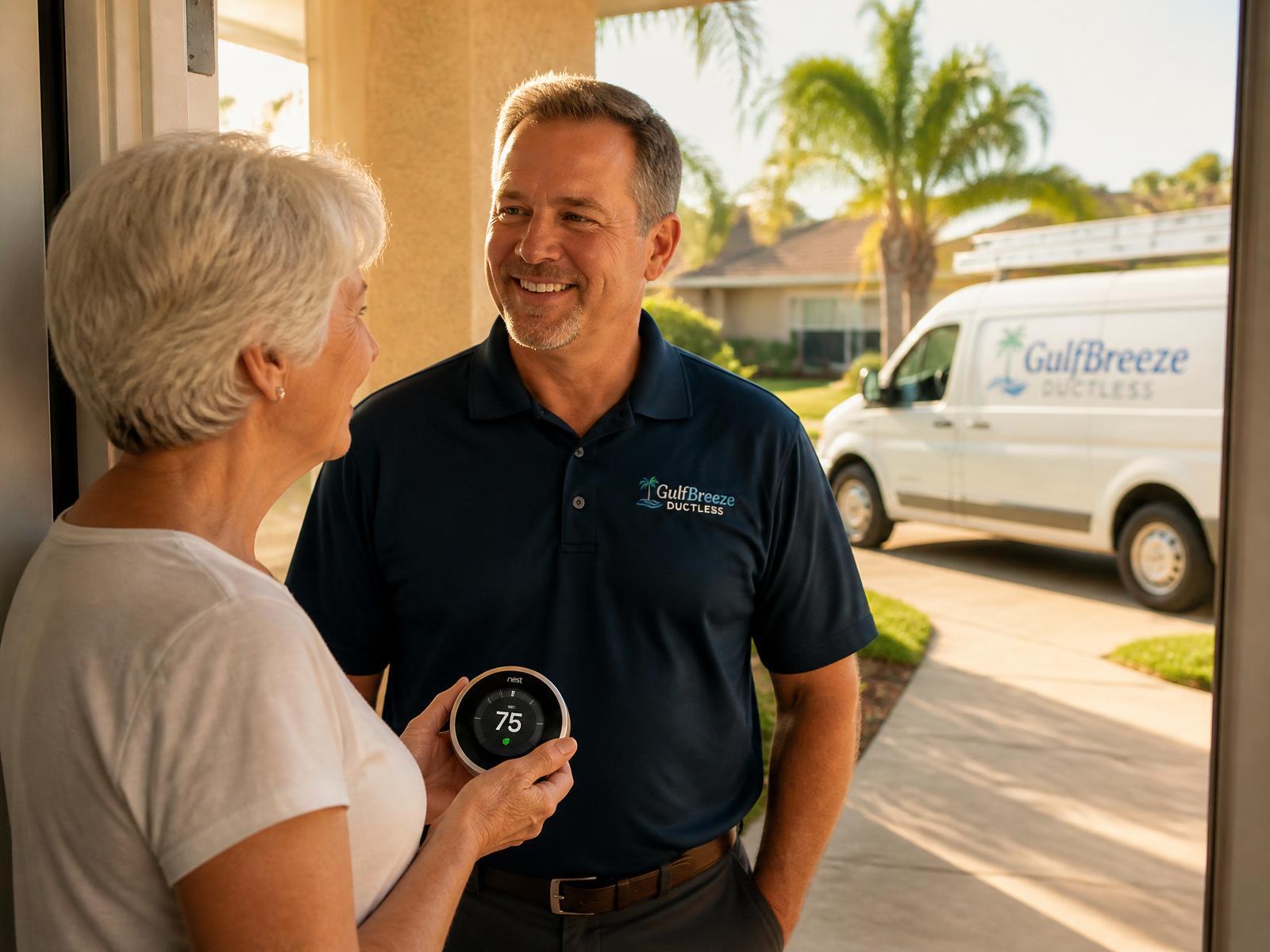 Gulfbreeze Ductless technician greeting an older homeowner at her Spring Hill, Florida front door — a service van in the driveway and a Nest thermostat in her hand